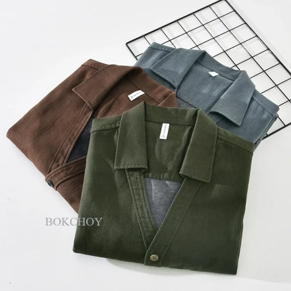2025 Autunno Nuovo Vintage Cotone Lino Allentato Comfort Giubbotti per Gli Uomini Gabbiano Collare Senso di Stratificazione Streetwear Uomini Magliette E Camicette ECY2521 5