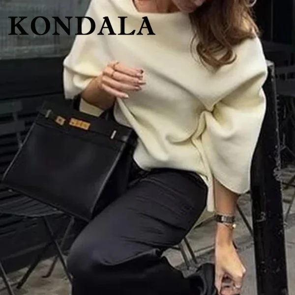 KONDALA Chic Primavera Streetwear Maglione da donna irregolare Moda 2025 Asimmetrico lavorato a maglia Elegante pieghettato Solid Beige Sweatwear 3