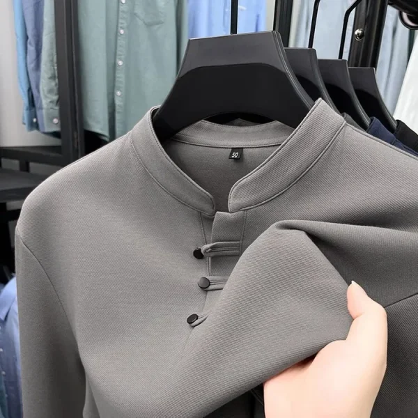 T-shirt a maniche lunghe da uomo 2024 nuova primavera e autunno felpa con cappuccio casual da uomo in stile cinese con colletto rialzato con base in cotone 2