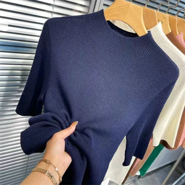Top da donna in tinta unita con colletto alla coreana, mezza manica, casual, sottile, in maglia elastica alta, basic, morbido, autunno/primavera 2