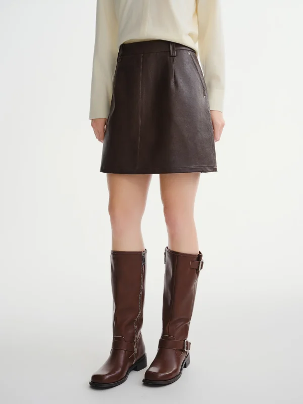 DUSHU Gonna in pelle a trapezio a vita alta da donna taglie forti Inverno 2025 Nuovo arrivo dalla mezza gonna della collezione marrone nero audace 3
