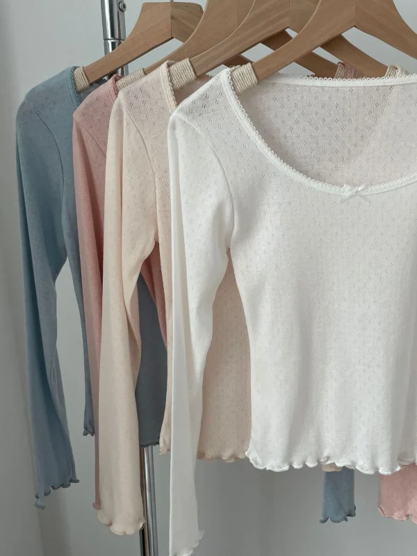T-shirt a maniche lunghe sottile con occhielli con fiocco Donna Autunno Sexy Scoop Neck Orlo a fungo T-shirt sottile in cotone Solido semplice dolce Tee Y2k Top 5