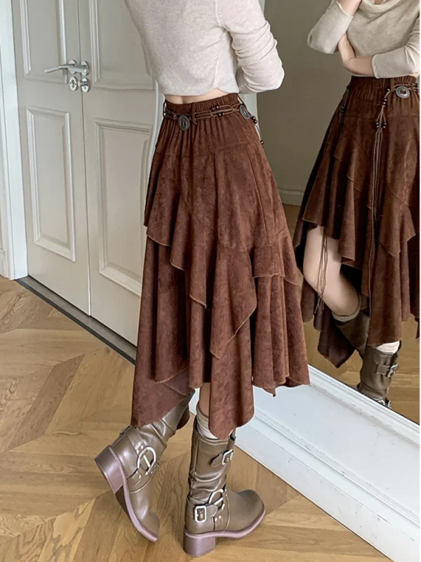 Gonna longuette in pelle scamosciata asimmetrica retrò americana per donna Gonne a trapezio retrò autunno inverno stile bohemien vintage da donna 2