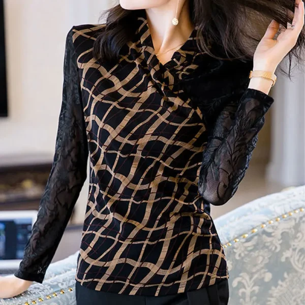 T-shirt stampata scozzese astratta Vintage elegante scollo a v elegante Patchwork di pizzo di garza primavera autunno abbigliamento donna pullover Slim 3