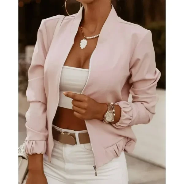 Giacca cardigan con cerniera e collo alto in tinta unita a maniche lunghe da pendolare da donna autunnale e giacca casual stampata alla moda 2