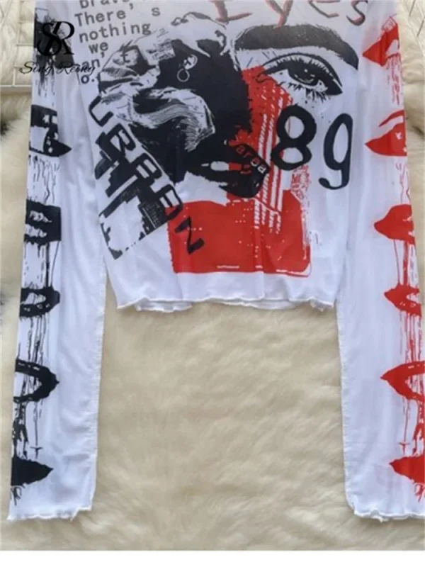 SINGREINY Ins Moda Streetwear Magliette e camicette Lettera Pittura Stampa Americana Retro T-Shirt Delle Donne 2024 Autunno Nuovo Sottile Causale Nozioni di Base Magliette e camicette 4