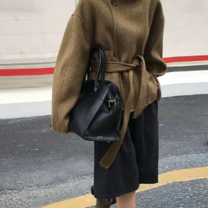 Cappotto doppiopetto in lana da donna Colletto rovesciato nero Capispalla casual allentato 2025 Giacca da strada a maniche lunghe femminile autunnale 1