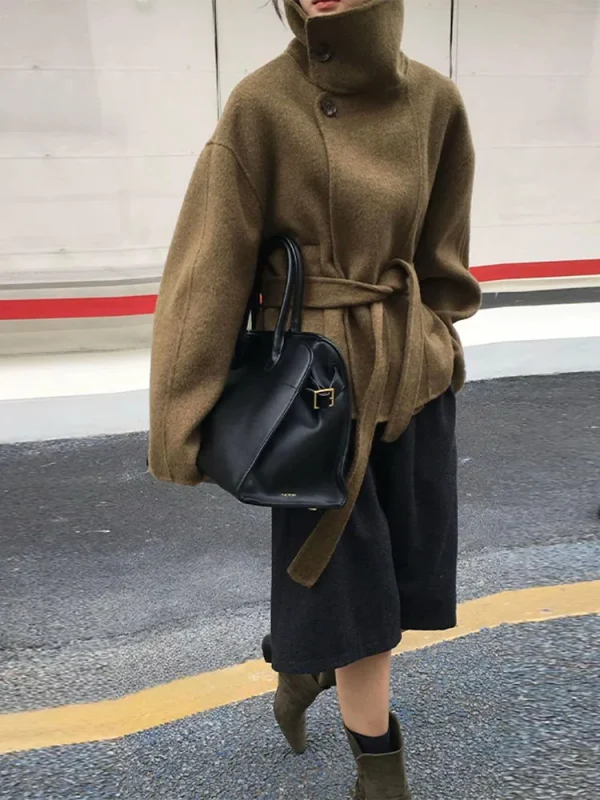 Cappotto doppiopetto in lana da donna Colletto rovesciato nero Capispalla casual allentato 2025 Giacca da strada a maniche lunghe femminile autunnale 1