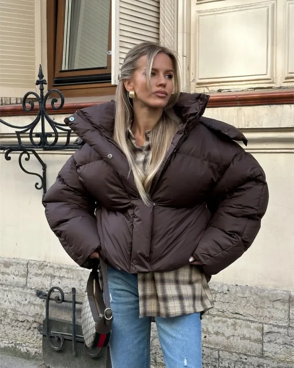 Cappotto corto in cotone marrone tinta unita Cappotto casual da donna con risvolto manica intera monopetto giacca ampia invernale da ufficio 2025 3