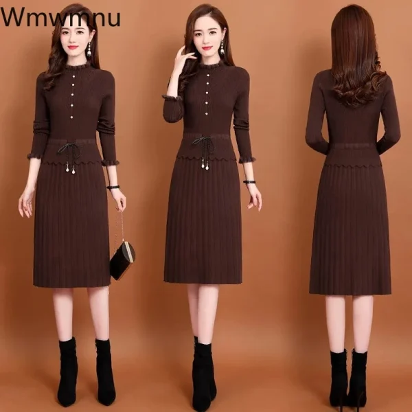 Abito maglione midi sottile Abito elegante in maglia a maniche lunghe con volant Abito da donna vintage con patchwork autunnale con coulisse in vita 4