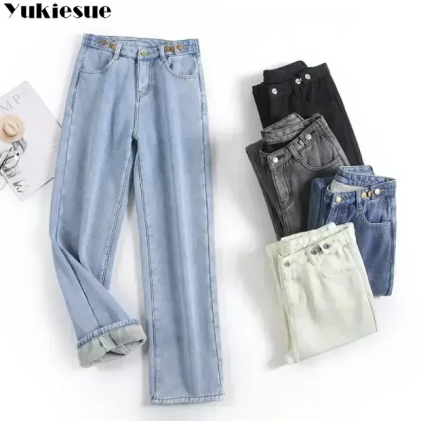 Pantaloni da donna 2023 moda invernale edizione coreana nuovo stile versatile vita alta cilindro dritto jeans a gamba larga in pile spesso 3