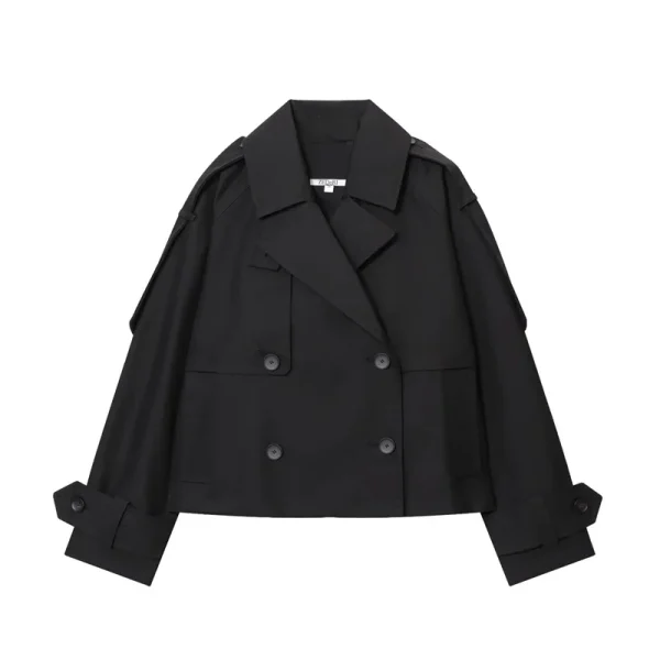 Cappotto da donna 2025 Autunno nuovo stile tinta unita manica lunga stile britannico decorativo corto giacca a vento impermeabile cappotto casual 4