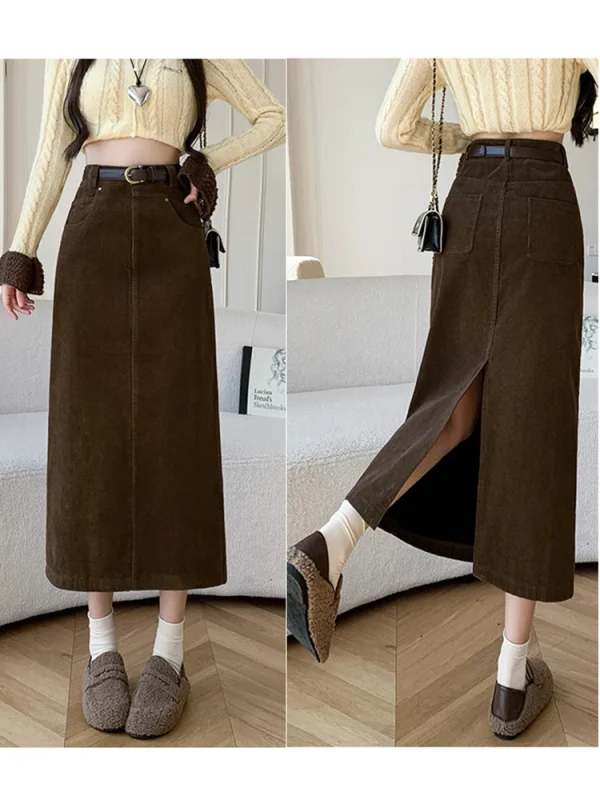 Gonna lunga da donna in velluto a coste invernale Donna Vintage a vita alta Wrap Cargo Gonne aderenti con cintura A-line Nero Marrone Faldas Largas 4