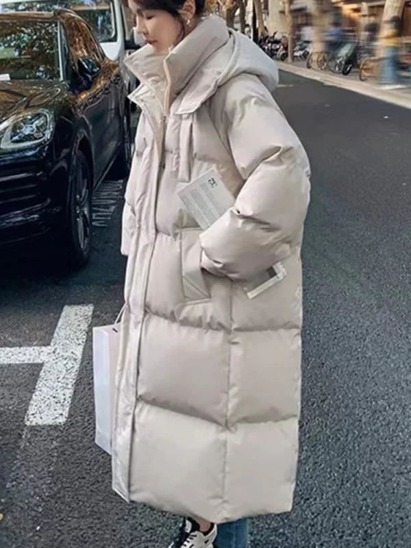 Capispalla invernale 2025 da donna coreano allentato lungo al ginocchio giacca con cappuccio solida lungo addensato in piumino di cotone stile pane 3