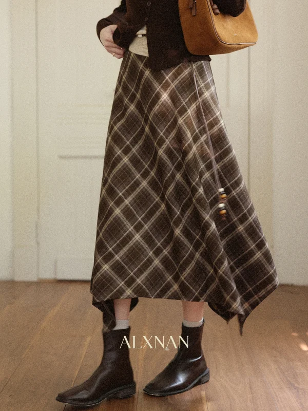 ALXNAN Gonna irregolare scozzese nera Donna Elegante lunga A-line Gonne longuette a quadretti 2025 Autunno Inverno Abbigliamento femminile L57278-1 6