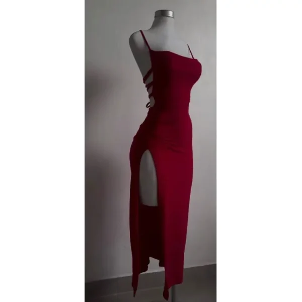 Deeptown Lace-up Irregolare Split Abito lungo Donna Sexy Rosso Party Abito longuette Estate Halter Strap Spice Girl Bag Hip Vestiti Solido 3