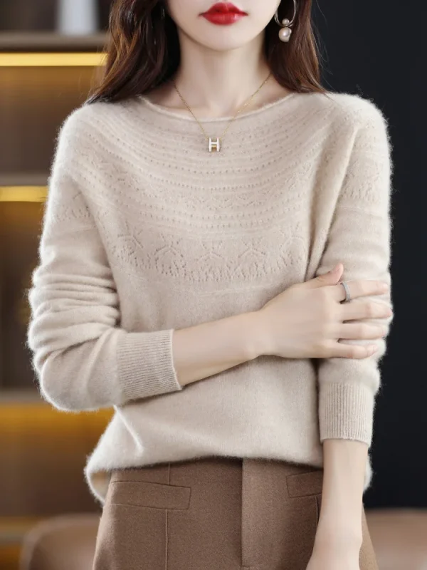 Vendita calda Slash Neck Classics scava fuori 100% Cashmere lana Merino donna senza soluzione di continuità Casual maglione allentato Pullover abbigliamento 2