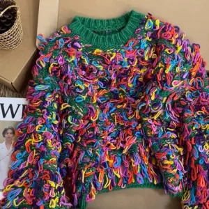 Maglione pullover con frange funky Maglione girocollo vintage fatto a mano multicolore da donna Top in maglia a maniche lunghe 2025 Tendenze della moda 1