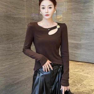 Camicia sexy scava fuori semplicità con fondo sottile Primavera Autunno Manica lunga Solido T-shirt elegante Moda Vintage Abbigliamento donna 1