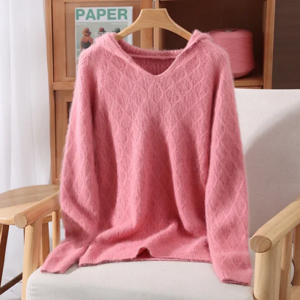 Autunno Inverno Donna 100% puro visone cashmere cappuccio scollo a V e pullover maglione casual allentato versatile maglione lavorato a maglia tinta unita 5