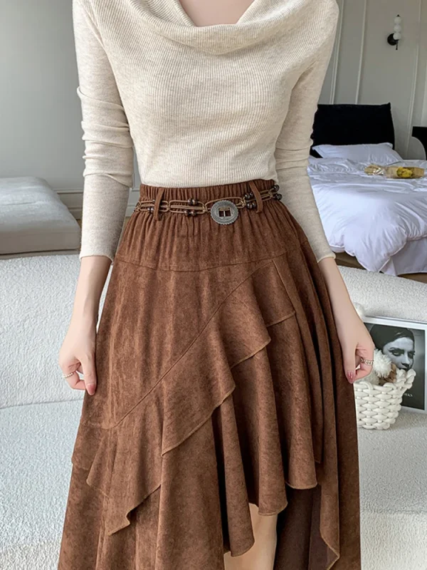 Gonna longuette in pelle scamosciata asimmetrica retrò americana per donna Gonne a trapezio retrò autunno inverno stile bohemien vintage da donna 6