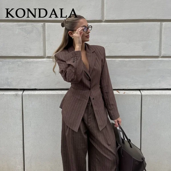 KONDALA 2025 Autunno Inverno A righe Office Lady Abiti Moda Elegante Marrone Telai Allentati monopetto Blazer Chic Pantaloni a gamba larga 2