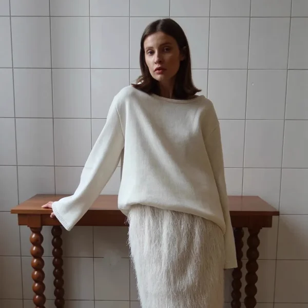 Maglione lavorato a maglia di cotone con scollo a O senza schienale originale Autunno e inverno da donna Maglione casual da ufficio quotidiano semplice, morbido, caldo, elastico 3
