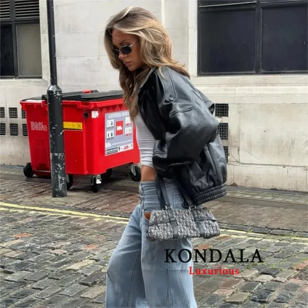 KONDALA Casual Chic Giacche di pelle nera Donna Manica lunga Bottoni Elastico Cappotti oversize Moda 2025 Autunno Cappotti streetwear 6
