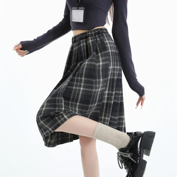 Gonna scozzese a pieghe in lana stile preppy Donna Autunno Inverno Retro Elastico a vita alta Gonne Donna giapponese A Line Faldas 2025 Nuovo 4