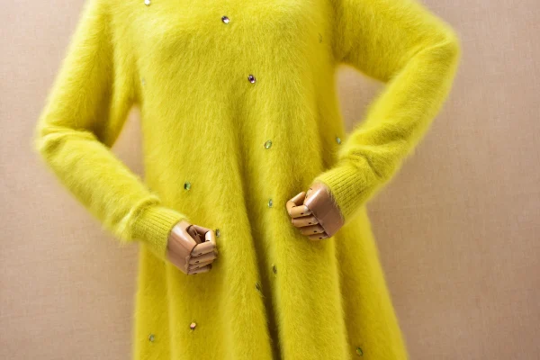 Donna Mujer Autunno Inverno Vestiti Moda Perline Visone peloso Cashmere Lavorato a maglia O-Collo Maniche lunghe Abito maglione maglione medio lungo 3