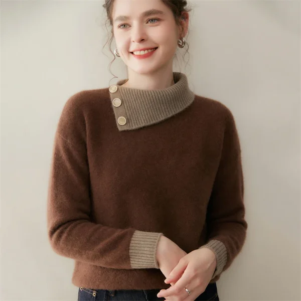 Maglione di cashmere 100% colletto rovesciato irregolare pullover con bottoni laterali donna blocco colore addensare maglieria allentata autunno inverno 6