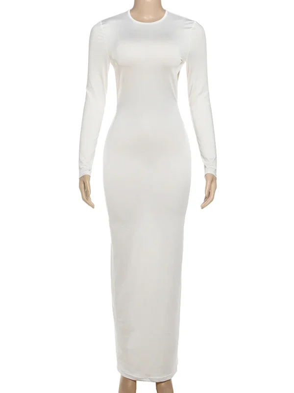 Whatiwear Abito lungo sexy senza schienale Donna o-collo Manica intera Skinny Stretch Wrap Glutei Banchetto di mezzanotte Party Abiti a vita bassa 6
