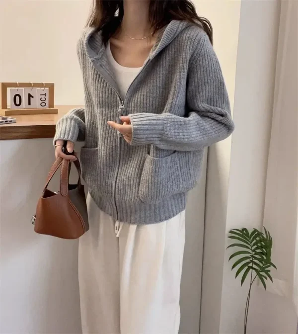 FRSEUCAG allentato casual 100% lana cardigan lavorato a maglia maglione con cappuccio da donna maglione di lana da donna a maniche lunghe corto vendita calda 2