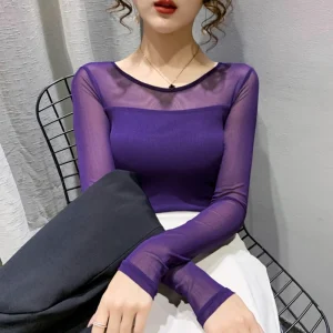 T-shirt girocollo autunno inverno da donna camicia sexy con fondo in rete manica lunga tinta unita slim fit manica lunga top casual 1