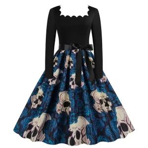 Abito di Halloween per donna colletto quadrato manica lunga stampa vintage festa da sera elegante autunno inverno vestito estivo midi 1