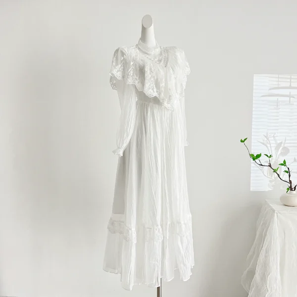 Abito da fata in pizzo bianco Donna Stile vittoriano vintage Manica lunga Collo semi-alto Abiti lunghi da donna romantici Vestido Branco 4
