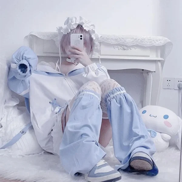 Ragazze Stitch Donna Abbigliamento Sottocultura Felpa con cappuccio giapponese Blu Bianco Autunno Donna Felpe Cerniera Inverno y2k Abbigliamento Felpe con cappuccio 2