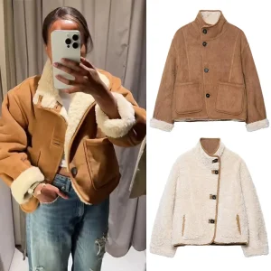 Giacca in pelle scamosciata da donna 2025 Moda autunno inverno Cappotti corti double face Giacche con bottoni a maniche lunghe Cappotto da donna per il tempo libero da strada 1