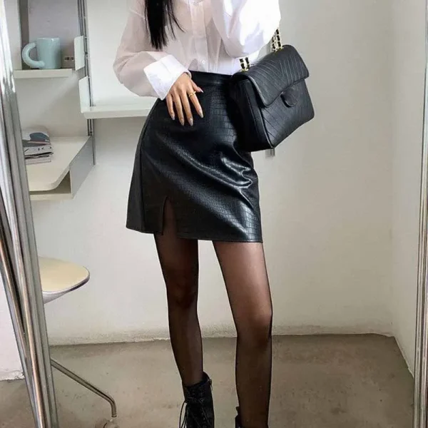 Gonne in pelle nera con spacco laterale sexy Gonna a tubino da donna da ufficio slim fit moda coreana femminile Gonna aderente in PU alla moda di High Street 2