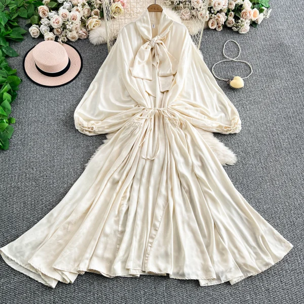 2025 Nuovo francese retrò pizzo con fiocco scollo a V manica lanterna Maxi abito da donna Casual Vintage Fashion Party grande gonna lunga altalena 6