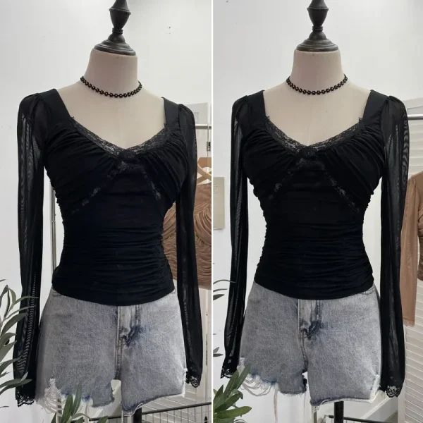 T-shirt a maniche lunghe in rete impiombata con pizzo rivelatore del seno imbottito sexy da donna T-shirt corta slim fit Y2K Top Partyclub Leisure 2673 2