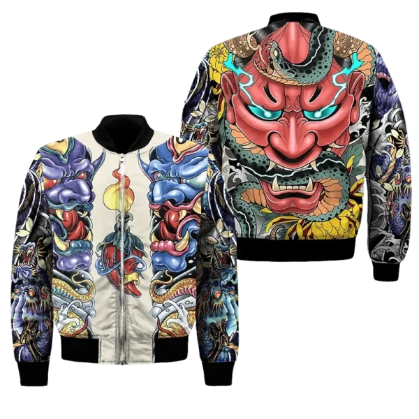 Primavera autunno Mens Bomber Jacket Samurai Oni Mask Tattoo 3D All Over stampato Zip tute Unisex Casual Zipper Jacket abbigliamento 4
