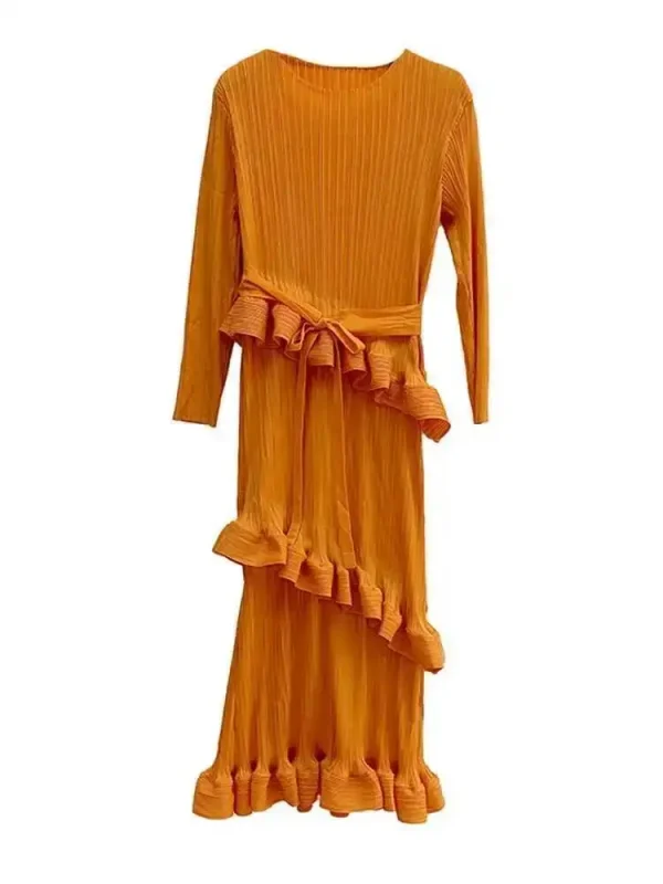 LANMREM Elegante Pieghettato Increspature Vestito Delle Donne Girocollo Cintura Raccolta Vita Abiti di Colore Solido Moda 2025 Primavera Nuovo 2AA3942 5
