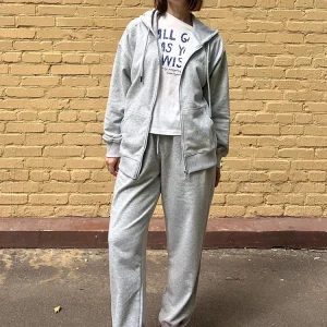 Set di pantaloni sportivi autunnali Felpa oversize bianca da donna con cerniera e tute con cappuccio Set da donna Pantaloni sportivi grigi in due pezzi 1