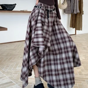 Qiukichonson Gonne lunghe Donna Gonna di lana 2025 Goth Autunno Inverno Vita alta Ruffles Gonna scozzese asimmetrica Maxi con cintura 1