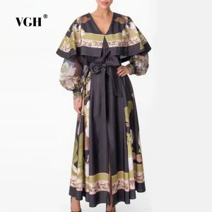 VGH Abiti stile mantella stampati vintage eleganti per donna Scollo a V Manica a lanterna Vita alta Patchwork Abito con fiocco Abiti femminili 1