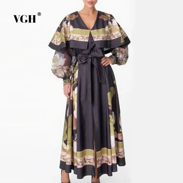 VGH Abiti stile mantella stampati vintage eleganti per donna Scollo a V Manica a lanterna Vita alta Patchwork Abito con fiocco Abiti femminili 1