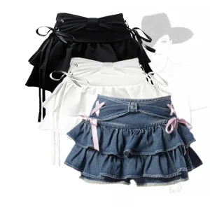 New Fashion Women Hot Girl Sweet Kawaii Bow Vintage Y2k Clothes American Streetwear Sexy Summer a-line Gothic Mini Denim gonne 1