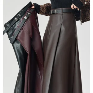 Gonna lunga ombrello da donna in pelle PU nera a vita alta autunno inverno con cintura 2025 nuove gonne a trapezio dritte vintage femminili 1