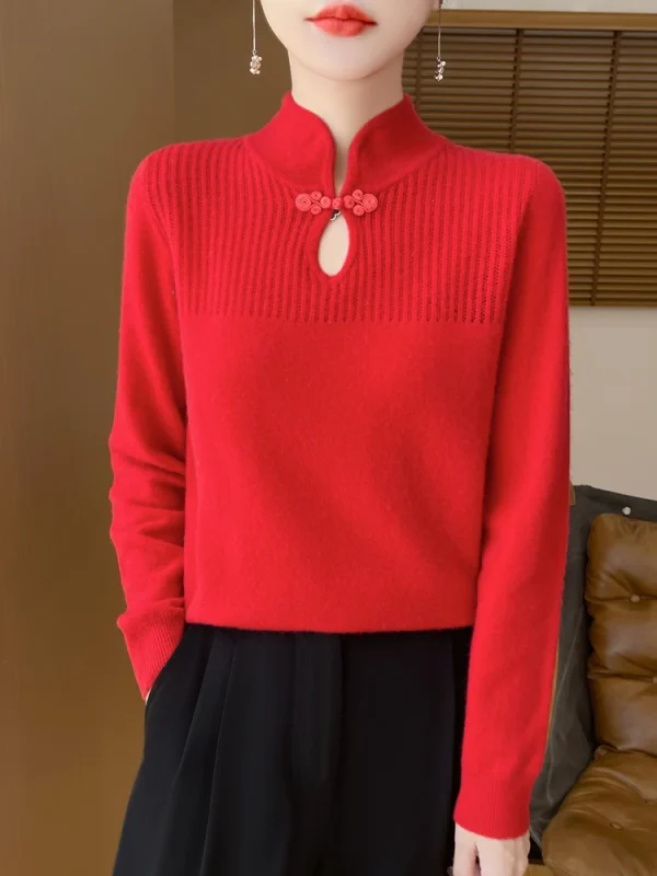 Maglione da donna in lana merino Pullover con colletto alla coreana Maglieria con fondo in cashmere stile cinese Top a maniche lunghe retrò 2